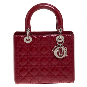 Pre Owned Dior Red Patent Cannage Quilted Leather Medium Lady Dior Tote 