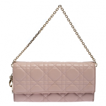 Pre Owned Dior Pink Quilted Cannage Leather Lady Dior Wallet on Chain