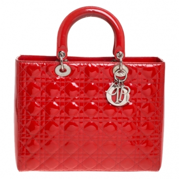 Pre Owned Dior Red Cannage Patent Leather Large Lady Dior Tote