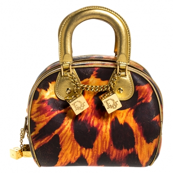 Pre Owned Dior Metallic Gold/Orange Printed Leather Gambler Dice Bowling Bag