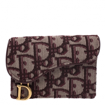 Pre Owned Dior Burgundy Oblique Canvas Saddle Card Holder