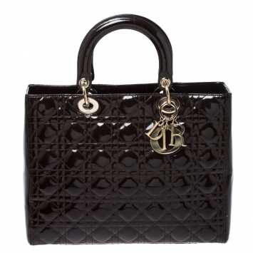 Pre Owned Dior Brown Cannage Patent Leather Large Lady Dior Tote