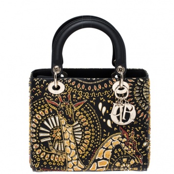 Pre Owned Dior Black Animals Embroidered Leather Medium Lady Dior Tote