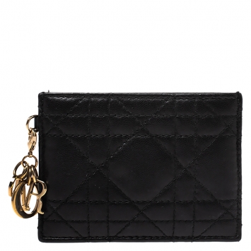 Pre Owned Dior Black Leather Lady Dior Card Holder