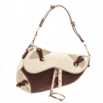 Pre Owned Dior Brown/Gold Leather and Fabric Braided Saddle Bag