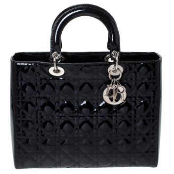 Pre Owned Dior Black Cannage Patent Leather Large Lady Dior Tote