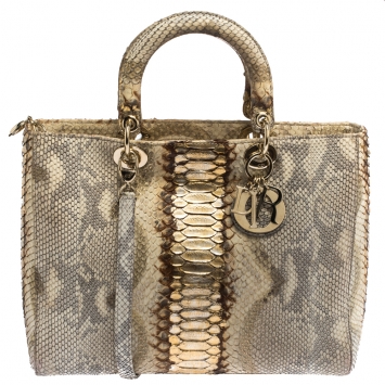 Pre Owned Dior Gold/Beige Python Large Lady Dior Tote