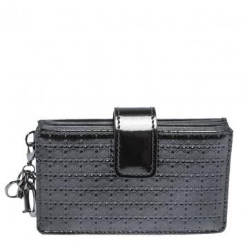 Pre Owned Dior Metallic Grey Micro Cannage Leather Gusset Card Holder