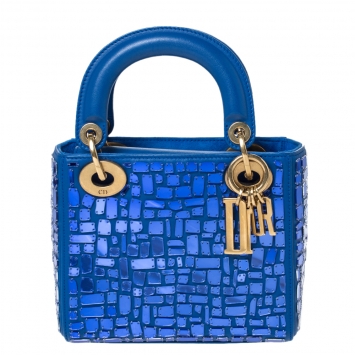 Pre Owned Dior Blue Leather Lady Dior Mosaic of Mirrors Tote