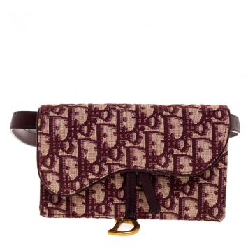 Pre Owned Dior Burgundy/Beige Oblique Canvas and Leather Saddle Belt Bag
