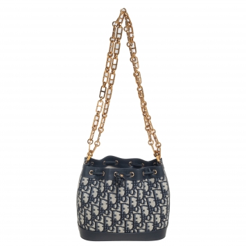 Pre Owned Dior Blue Oblique Canvas and Leather Drawstring Chain Bucket Bag
