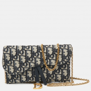 Pre Owned Dior Navy Blue Oblique Canvas and Leather Saddle Wallet On Chain