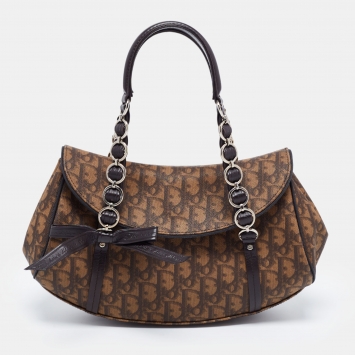 Pre Owned Dior Brown Monogram Coated Canvas and Velvet Romantique Trotter Flap Bag