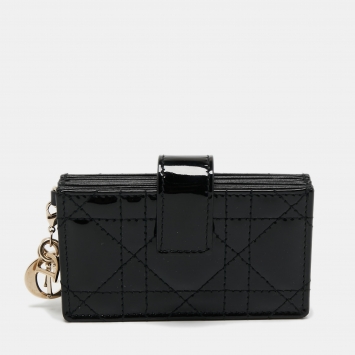 Pre Owned Dior Black Cannage Patent Leather Lady Dior 5 Gusset Card Holder