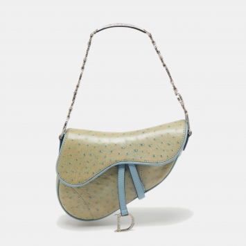 Pre Owned Dior Light Blue Ostrich Embossed Leather Mini Crystals Embellished Saddle Bag