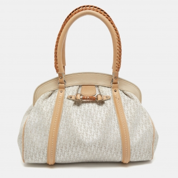 Pre Owned Dior White/Beige Oblique Canvas and Leather My Dior Frame Satchel