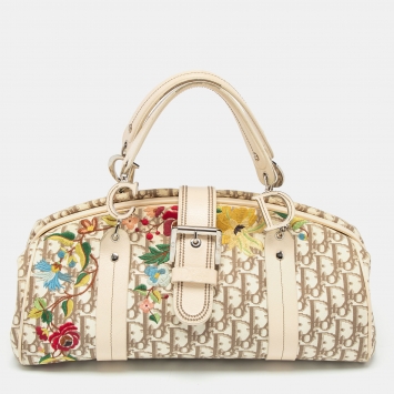 Pre Owned Dior Beige Canvas and Leather Diorissimo Flowers Frame Bowler Bag