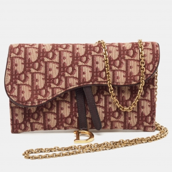 Pre Owned Dior Burgundy Oblique Canvas and Leather Saddle Wallet on Chain