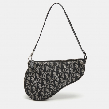 Pre Owned Dior Black Oblique Canvas and Leather Trotter Saddle Bag