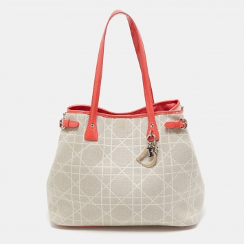 Pre Owned Dior Coral Pink/Beige Cannage Canvas and Patent Leather Medium Panarea Shopper Tote