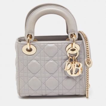 Pre Owned Dior Grey Cannage Leather Mini Lady Dior Tote