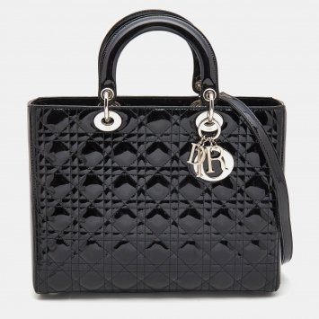 Pre Owned Dior Black Cannage Patent Leather Large Lady Dior Tote