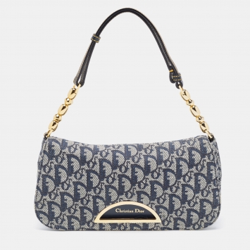 Pre Owned Dior Navy Blue Oblique Canvas and Leather Malice Hobo