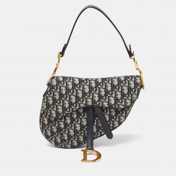 Pre Owned Dior Navy Blue Oblique Canvas and Leather Saddle Bag