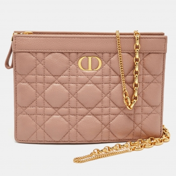Pre Owned Dior Beige Cannage Leather Caro Zipped Chain Pouch