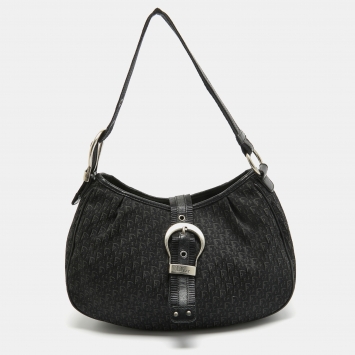 Pre Owned Dior Black Oblique Canvas and Leather Buckle Flap Hobo