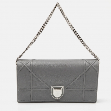 Pre Owned Dior Grey Leather Diorama Wallet on Chain