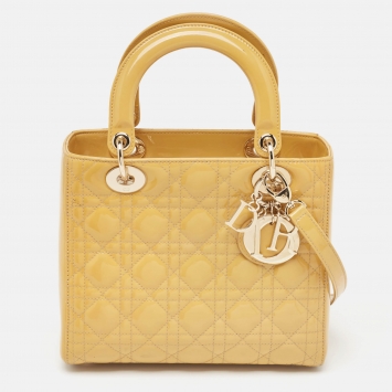 Pre Owned Dior Yellow Cannage Patent Leather Medium Lady Dior Tote