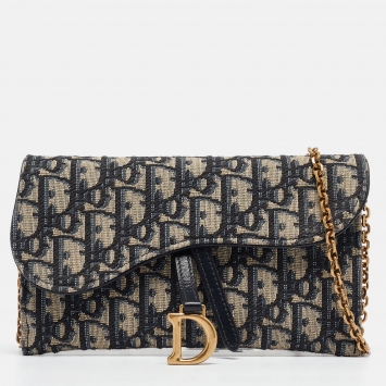 Pre Owned Dior Navy Blue Oblique Canvas and Leather Saddle Wallet on Chain