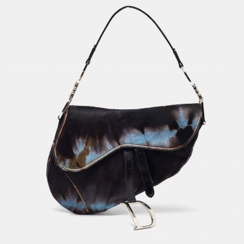 Pre Owned Dior Brown/Blue Pony Hair and Patent Leather Saddle Bag