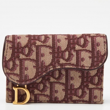 Pre Owned Dior Burgundy Oblique Canvas and Leather Saddle Card Holder