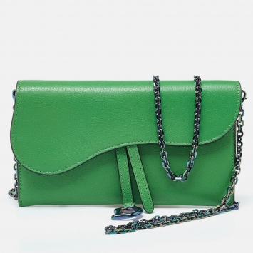 Pre Owned Dior Green Leather Saddle Wallet on Chain