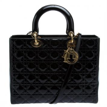 Pre Owned Dior Black Patent Leather Large Lady Dior Tote