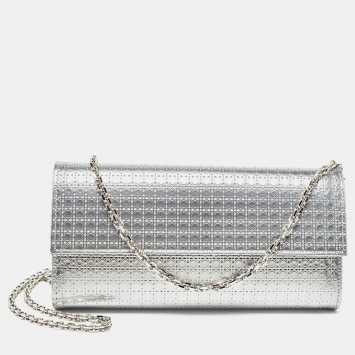 Pre Owned Dior Silver Microcannage Patent Leather Lady Dior Croisiere Wallet on Chain