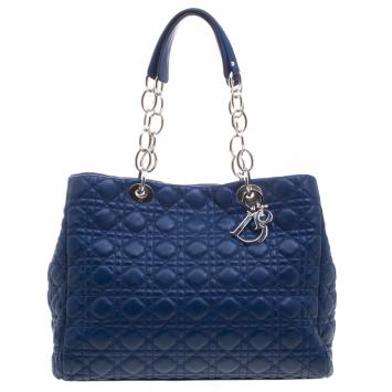 Pre Owned Dior Blue Cannage Soft Leather Large Shopping Tote