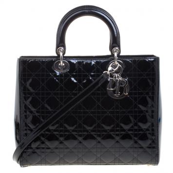 Pre Owned Dior Black Patent Leather Large Lady Dior Tote