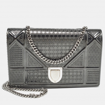 Pre Owned Dior Dark Grey Micro Cannage Patent Leather Diorama Wallet on Chain