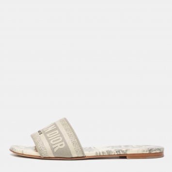 Pre Owned Dior Grey/Beige Embroidered Canvas Dway Flat Slides Size 38