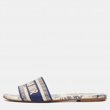 Pre Owned Dior Blue/Cream Canvas Dway Flat Slide  Size 37.5