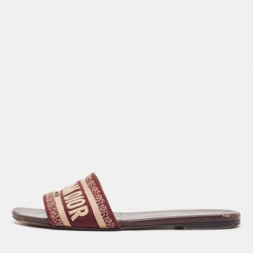 Pre Owned Dior White/Burgundy Canvas Dway Flat Slides Size 37.5