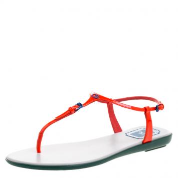 Pre Owned Dior Floresent Orange Patent Leather Lagoon Flat Thong Sandals Size 38