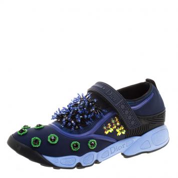 Pre Owned Dior Blue Crystal And Sequins Embellished Fabric Fusion Sneakers Size 37.5