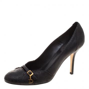 Pre Owned Dior Black Perforated Leather Buckle Pumps Size 39