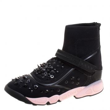 Pre Owned Dior Black Embellished Fabric Techno Fusion High Top Sneakers Size 39