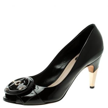 Pre Owned Dior Black Patent Leather Buckle Peep Toe Pumps Size 39