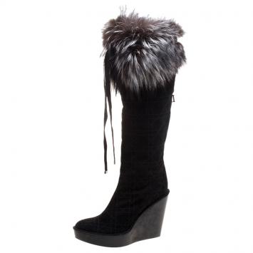 Pre Owned Dior Black Cannage Suede Fox Fur Trim Knee High Wedge Boots Size 38.5